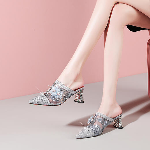 夏季新款，花朵网纱拼接尖头粗跟凉拖YSML-A079-128 商品图0