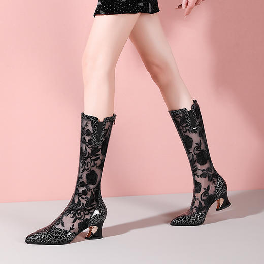 春夏新款，尖头拼接蕾丝网纱长靴YSML-D788-158 商品图1