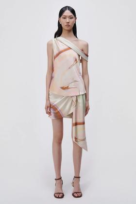 Jonathan Simkhai-Mae Marble Printed Satin Draped Mini Skirt-Seafoam Marble-乔纳森·希姆凯-女装-海泡印花