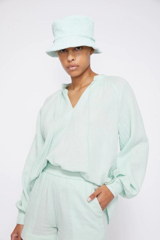 Jonathan Simkhai-Anneka Organic Cotton Gauze Relaxed Tie Front Blouse-Seafoam-乔纳森·希姆凯-女装-海泡蓝 商品图5