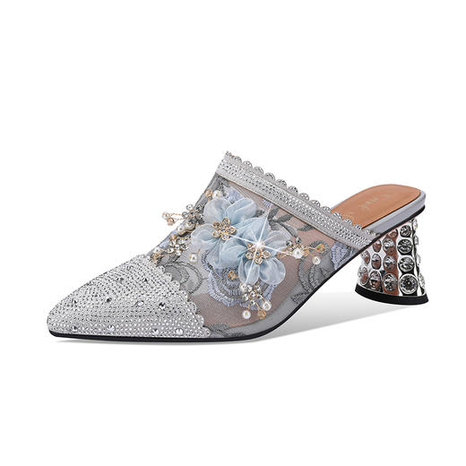 夏季新款，花朵网纱拼接尖头粗跟凉拖YSML-A079-128 商品图6