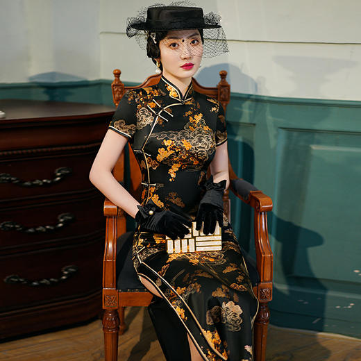 WXG-C309新款优雅时尚改良老上海长款真丝旗袍 商品图2