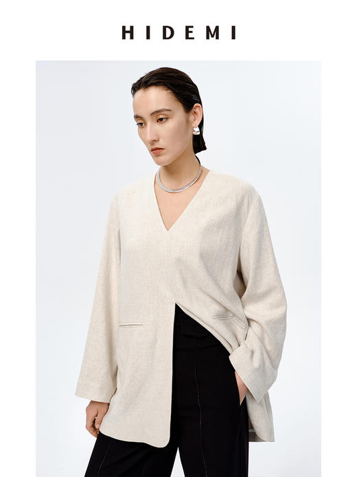 HIDEMI 水洗亚麻自然原色V领西装极简口袋开衩设计感西装式上衣 商品图6