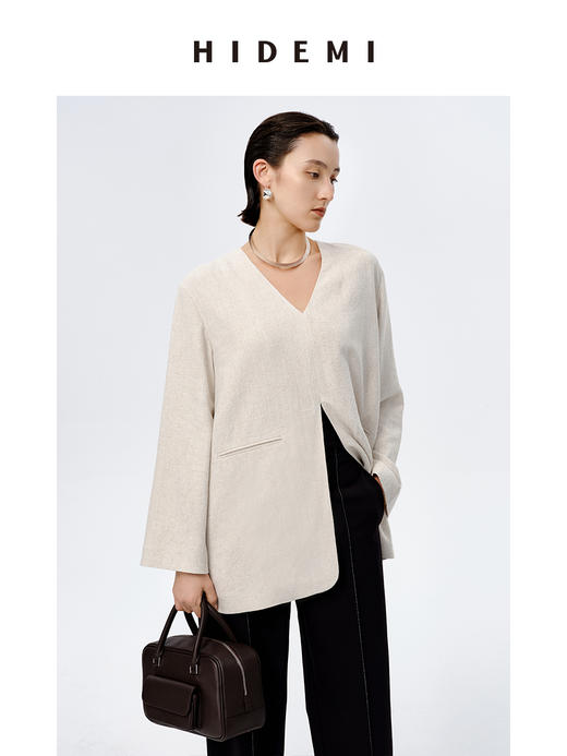HIDEMI 水洗亚麻自然原色V领西装极简口袋开衩设计感西装式上衣 商品图11