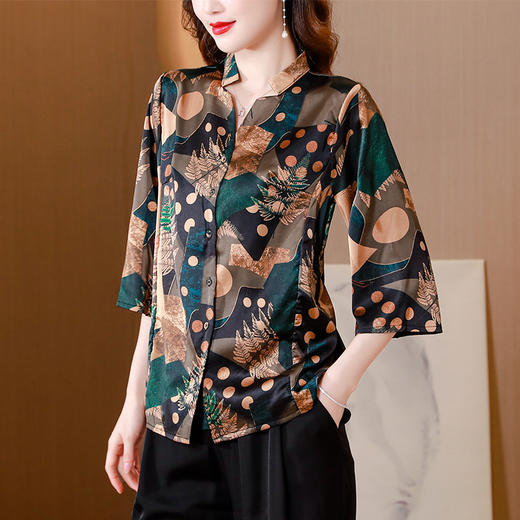 DD-重磅真丝衬衫女装2023夏季新款妈妈装时尚印花复古遮肉显瘦上衣 商品图0