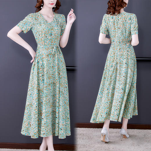 时尚女神范V领收腰显瘦大摆印花雪纺连衣裙AHM-mmjp8267 商品图2