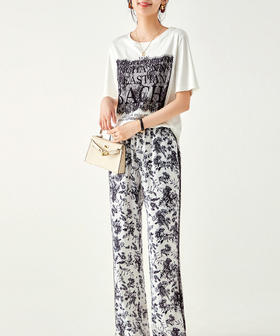 运动休闲，通勤蕾丝拼接短袖+黑白印花缎面休闲裤两件套WLZD-2305209