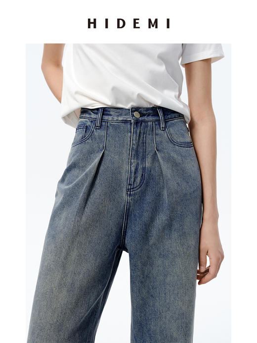 HIDEMI 可再生丹宁环保系列水洗双褶做旧阔腿牛仔裤 商品图5