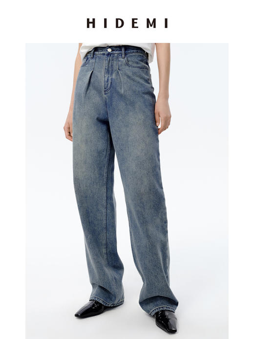 HIDEMI 可再生丹宁环保系列水洗双褶做旧阔腿牛仔裤 商品图2