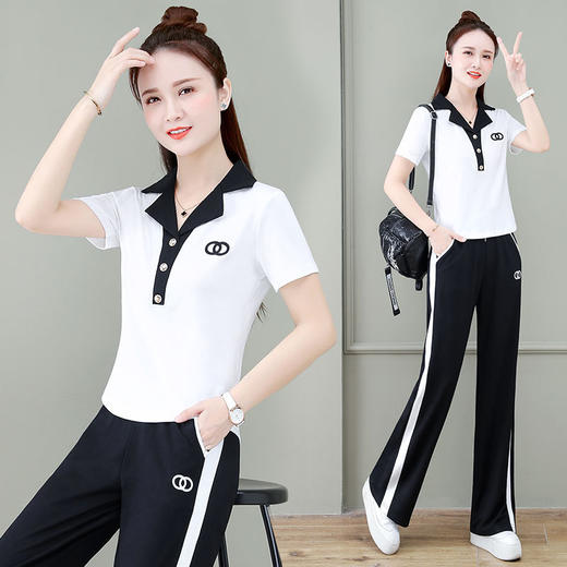 夏季新款，时尚显瘦运动休闲套装女韩系V领短袖T恤阔腿裤两件套ZYR-8303 商品图8