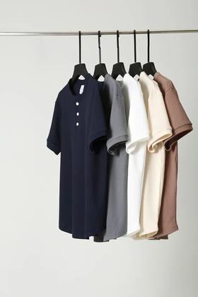 260G重磅华夫格 潮流亨利领短袖T恤