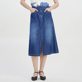 谜底2023夏季新款高腰牛仔半身裙A型前开叉中长裙配腰带232MB0530