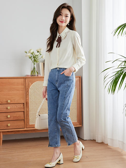 【年终特卖】熙世界长袖衬衫女春秋2025新款通勤法式文艺OL风衬衣刺绣翻领上衣 商品图4