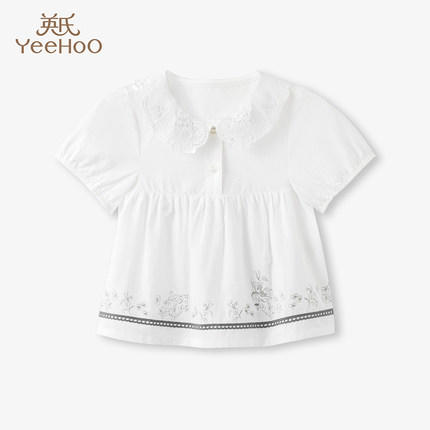 英氏儿童T恤23新款夏季女童翻领纯棉短袖刺绣上衣衬衫YRTCJ2P277A 商品图0