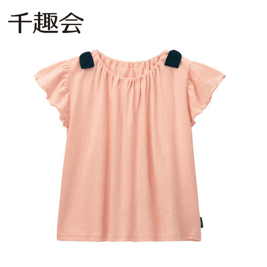 【短袖T恤】千趣会童装夏女童甜美荷叶边袖肩部蝴蝶结装饰轻薄汗布短袖T 商品图4