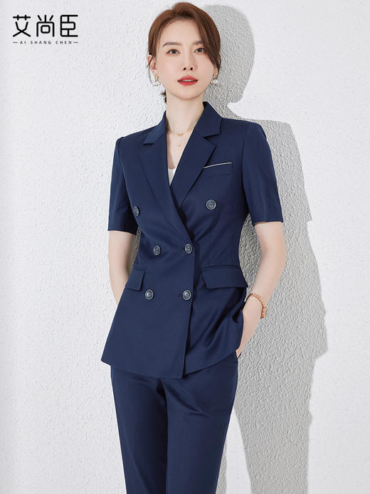 藏青色西装套装女夏季2023新款职业装正装短袖薄款休闲小西服外套 商品图2