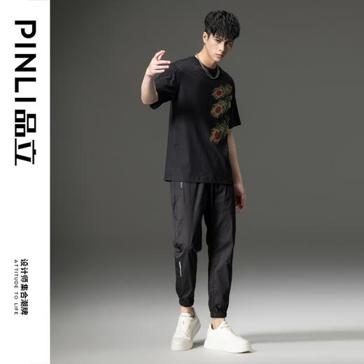 PINLI品立夏季新款男士纯棉烫钻T恤休闲短袖体恤BG231111068 商品图2