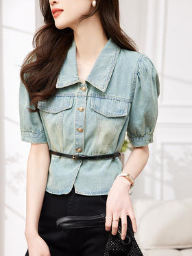 KQLE315597604 2023夏季新款女装休闲洋气泡泡袖单排扣牛仔修身上衣配腰带