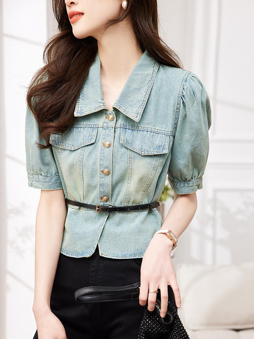 KQLE315597604 2023夏季新款女装休闲洋气泡泡袖单排扣牛仔修身上衣配腰带 商品图0