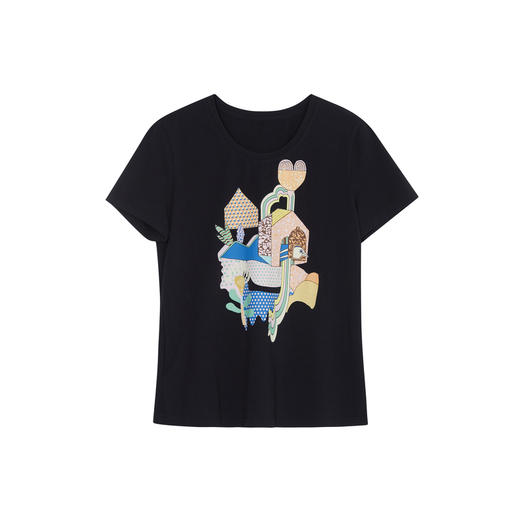 谜底2023夏季新款圆领特色印花T恤短袖女修身绣花上衣232MT0683 商品图4