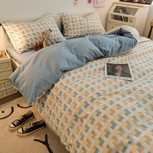 【床上用品】简约格子水洗棉床上四件套无印风学生宿舍床单被套 商品图1