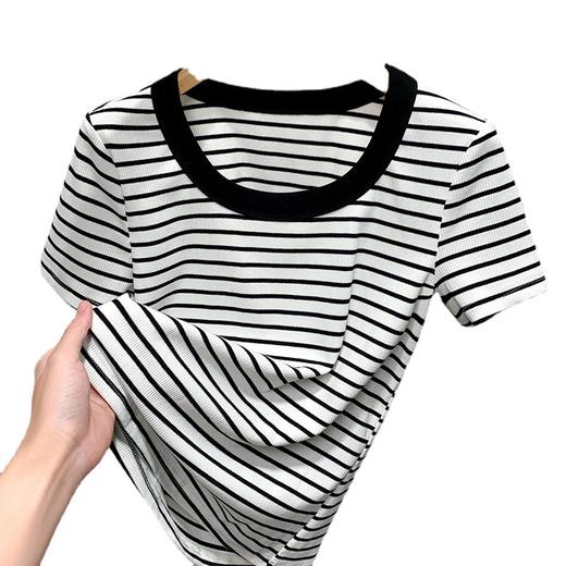 短袖t恤女新款女装，经典条纹棉体恤宽边圆领收腰撞色上衣SG-T3X0222 商品图4
