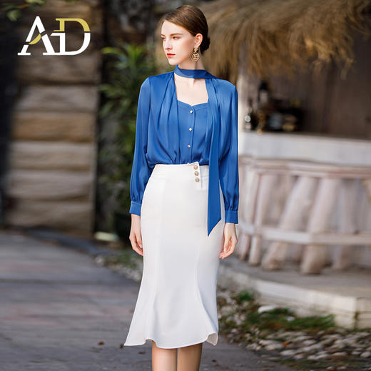 AD高级感缎面衬衣女2023春季御姐范时尚两件套白色性感包臀鱼尾裙 商品图1