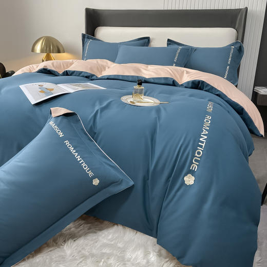 【床上用品】轻奢双拼纯色水洗棉刺绣床上四件套学生宿舍床单被套三件套 商品图0