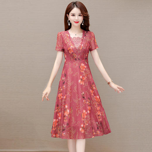 夏款印花，时尚皱褶拼接雪纺A字裙方领短袖气质修身连衣裙QYM-FL-X8829-L 商品图0