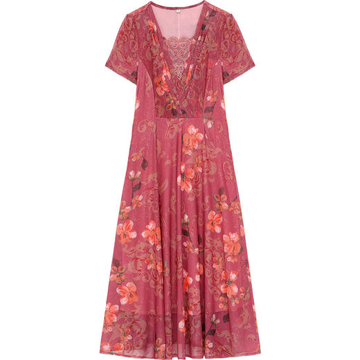 夏款印花，时尚皱褶拼接雪纺A字裙方领短袖气质修身连衣裙QYM-FL-X8829-L 商品图4