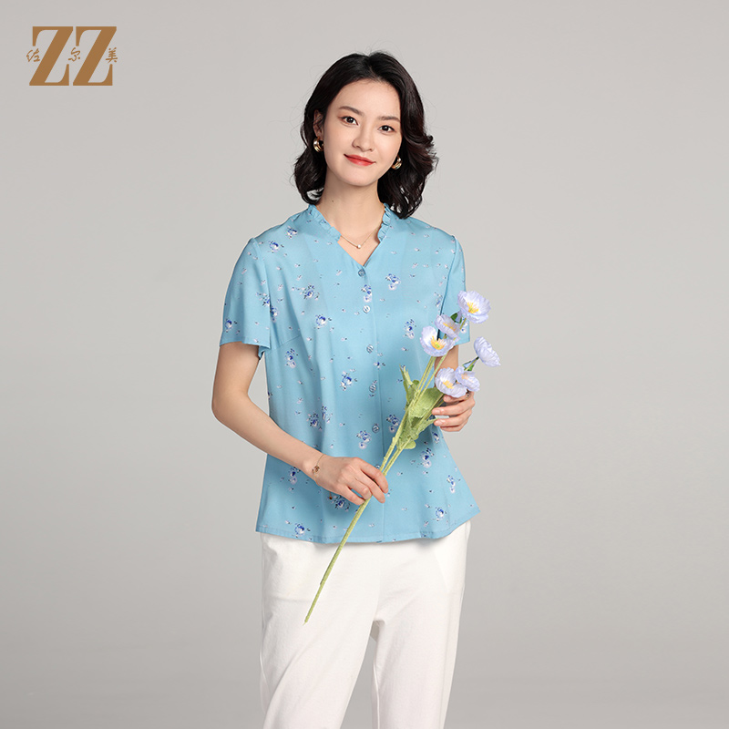 佐尔美夏季新款 桑蚕丝真丝短袖小碎花衬衣女E22CS66