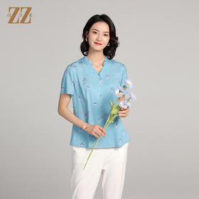 佐尔美夏季新款 桑蚕丝真丝短袖小碎花衬衣女E22CS66