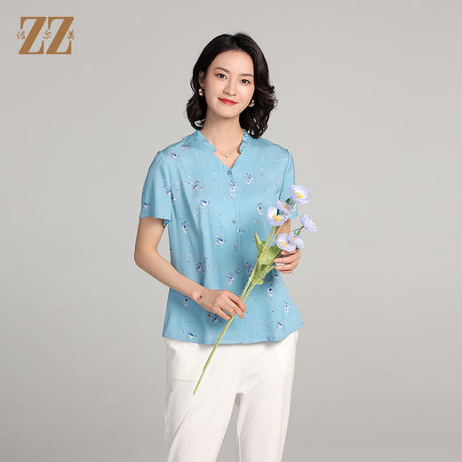 佐尔美夏季新款 桑蚕丝真丝短袖小碎花衬衣女E22CS66 商品图0