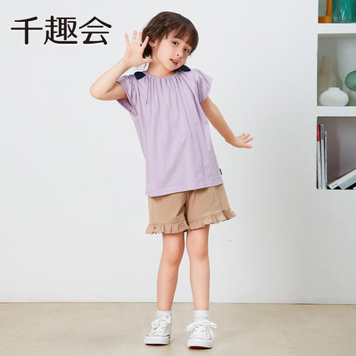 【短袖T恤】千趣会童装夏女童甜美荷叶边袖肩部蝴蝶结装饰轻薄汗布短袖T 商品图3