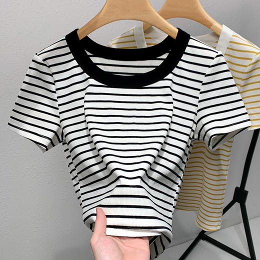短袖t恤女新款女装，经典条纹棉体恤宽边圆领收腰撞色上衣SG-T3X0222 商品图2