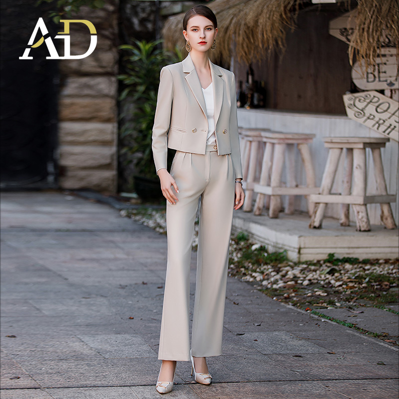AD女士新款西装外套米杏色洋气阔腿裤时尚两件套干练气质女装套装