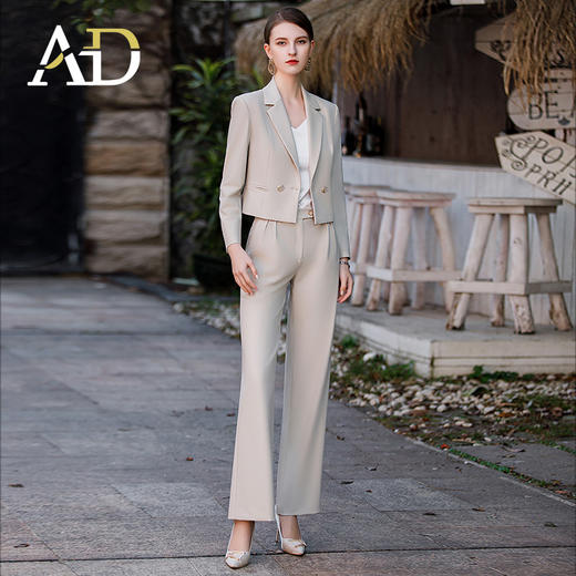 AD女士新款西装外套米杏色洋气阔腿裤时尚两件套干练气质女装套装 商品图0