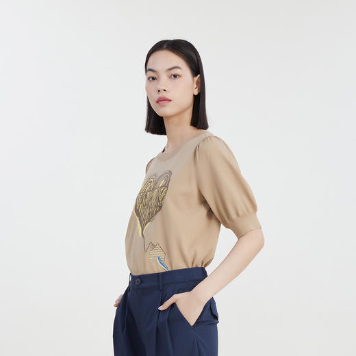 谜底2023夏新款圆领套头针织衫短袖女爱心修身短款毛衫232MZ0868 商品图1