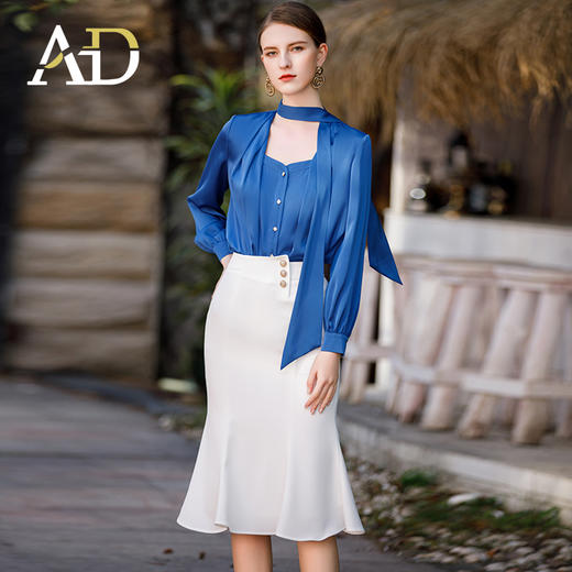 AD高级感缎面衬衣女2023春季御姐范时尚两件套白色性感包臀鱼尾裙 商品图2