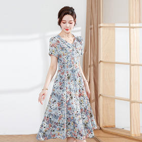 QYMYM-23A39-Y 气质优雅连衣裙夏季新款娃娃领印花裙中长款打底A字裙