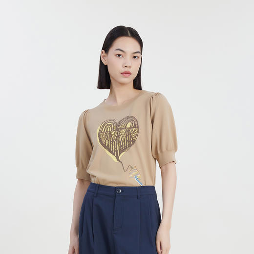 谜底2023夏新款圆领套头针织衫短袖女爱心修身短款毛衫232MZ0868 商品图0