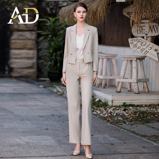 AD女士新款西装外套米杏色洋气阔腿裤时尚两件套干练气质女装套装 商品图3