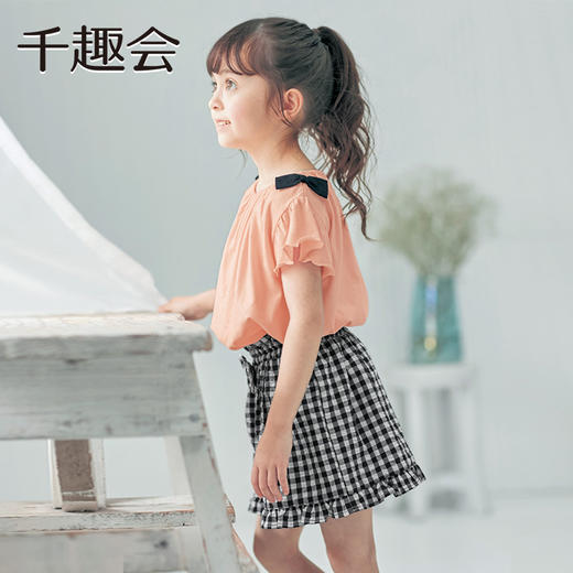【短袖T恤】千趣会童装夏女童甜美荷叶边袖肩部蝴蝶结装饰轻薄汗布短袖T 商品图1