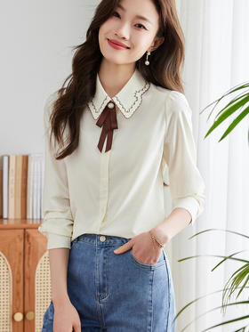 【年终特卖】熙世界长袖衬衫女春秋2025新款通勤法式文艺OL风衬衣刺绣翻领上衣