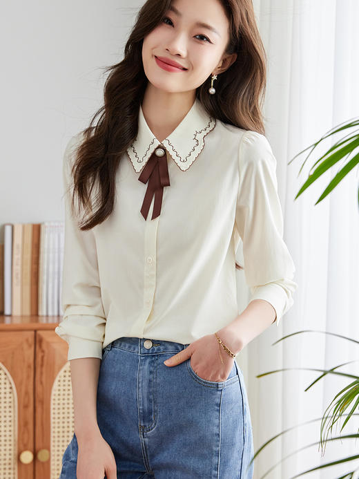 【年终特卖】熙世界长袖衬衫女春秋2025新款通勤法式文艺OL风衬衣刺绣翻领上衣 商品图0