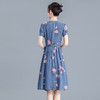 QYMYX-HD23X38-Y牛仔蓝印花连衣裙夏季新款圆领短袖裙中长款高腰A字裙 商品缩略图2