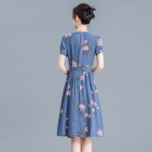 QYMYX-HD23X38-Y牛仔蓝印花连衣裙夏季新款圆领短袖裙中长款高腰A字裙 商品图2