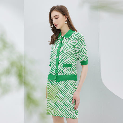 NF665斯尔丽瑟俪2023春夏新品小方领撞色几何图形针织套装小香风套装 商品图2