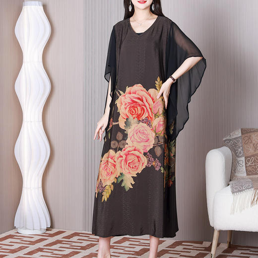 LX SGSD2523复古飘逸蝴蝶袖连衣裙印花V领气质阔太太裙 商品图1