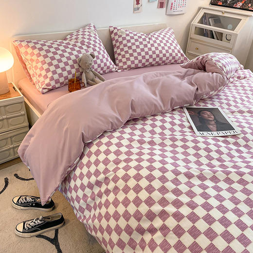 【床上用品】简约格子水洗棉床上四件套无印风学生宿舍床单被套 商品图2